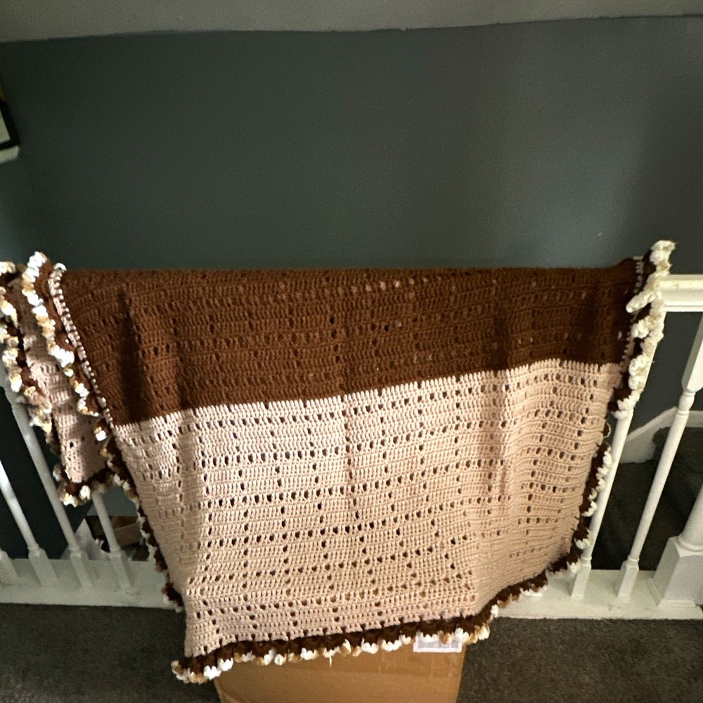 Brown Beige White Colorblock Crocheted Throw Blanket Rectangular 72x52